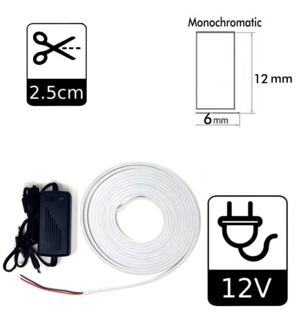 Pakkaus Neon LED 6000K LED 6mm 12V + Virtalähde