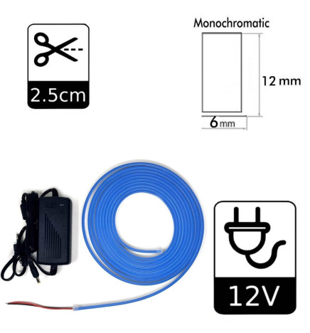 Pack ruban Neon Rouge LED 6mm 12V  + F. Alimentation