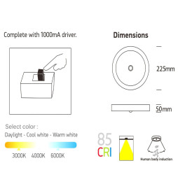 Plafón LED Superficie circular 20W con Detector de  Movimiento - CCT