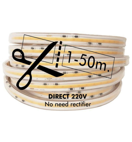 Ruban LED COB 220V | 640 LED/m | 50m | FLIP CHIP | 1650Lm | 15W/M | CRI90 | IP20 | Coupe tous les 100cm