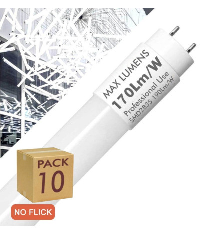 PACK 10 - LED Lysstofrør Glas - 20W PRO  - 120cm T8 - 170 Lm/W - PRO MAX LUMENS - 3400Lm - NO FLICK