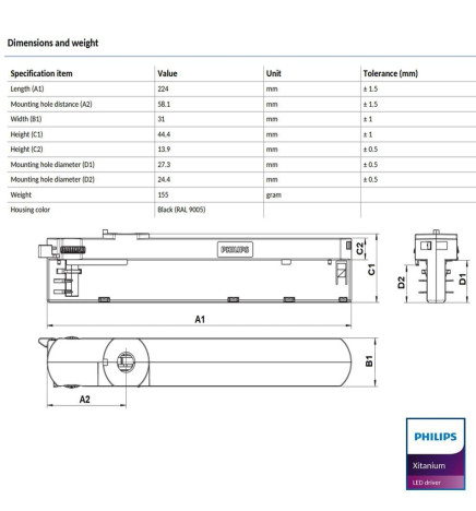 Driver LED - Philips XITANIUM - pour rail triphasé 32W/a 0.7-0.8A 40V 3CB 230V  - Garantie 5 ans