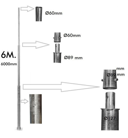 Galvanisert stolpe for lyktestolper - Troncoconica - 6 Meter