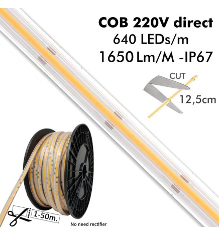 LED-Nauhat COB 220V | 640 LED/m | 50m | FLIP CHIP | 1650Lm | 15W/M | CRI90 | IP20 | Leikkaa 100cm