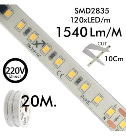 LED Strip 220V | 120xLED/m | 20m | SMD2835 | 1450Lm/M | 14W/M | IP67 | Corte cada 10cm