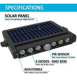 Aurinkokennovalaisin - säädettävä - LED - 5W - Liiketunnistin - 4000K