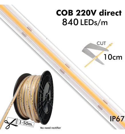 Tira LED COB 220V | CORTE A MEDIDA | 840 LED/m | 50m | FLIP CHIP | 1500Lm | 16W/M | CRI90 | IP67 | Corte 10cm