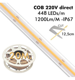 Tira LED COB 220V | 448 LED/m | 20m | FLIP CHIP | 1200Lm/M |14W/M | CRI+82 | IP67