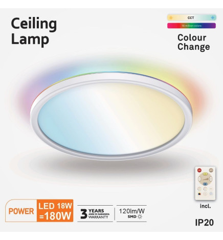 LED Taklampe Overflate 18W RGB+CCT - Control Remoto - Chip Lumileds