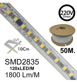 Tira LED 220V FOTOGRAFIA VIDEO | CORTE A MEDIDA | 120 LED/m | 50m | SMD2835 | 1800Lm/W | 14W/M |  IP67 | Corte cada 10cm