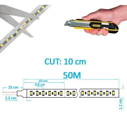 LED-Nauhat 220V VALOKUVAUS VIDEO| CUSTOM CUT| 120 LED/m | 50m | SMD2835 | 1800Lm/W | 14W/M | IP67 | Leikkaa joka 10cm