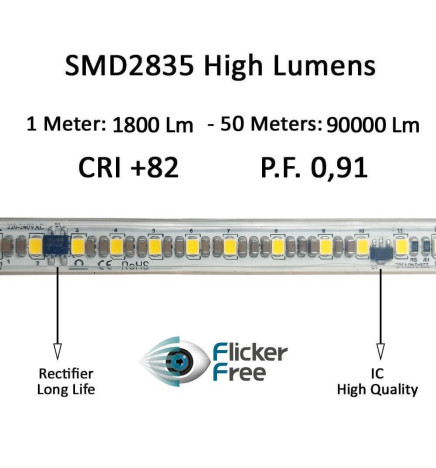 LED Strip 220V FOTOGRAFI VIDEO | KUTT TIL MÅLING | 120 LED/m | 50m | SMD2835 | 1800Lm/W | 14W/M | IP67 | Kutt hver 10cm