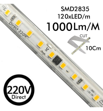 LED-Nauhat 220V  | CUSTOM CUT | 120LED/m | 50m | SMD 2835 | 1000Lm | 10W/M | CRI90 | IP65 | Leikkaa 10cm