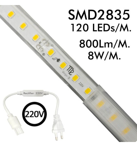 Tira LED 220V | CORTE A MEDIDA | 120LED/m | 50m | SMD 2835 | 800Lm | 8W/M | CRI90 | IP65 | Corte 50cm