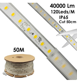 Fita LED 220V | 120LED/m | 50m | SMD 2835 | 800Lm | 8W/M | CRI90 | IP65 | Corte 50cm