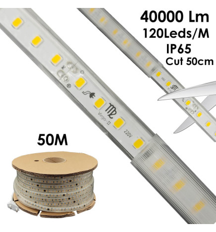 LED-Strip 220V | CUT TO MÅLING | 120LED/m | 50m | SMD 2835 | 800Lm | 8W/M | CRI90 | IP65| Skær 50cm