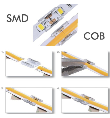 Läpinäkyvä liitosliitin LED-nauhoille - COB + SMD 10mm - IP20