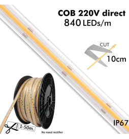 LED-Nauhat COB 220V  | CUSTOM CUT | 840 LED/m | 50m | FLIP CHIP | 1500Lm | 16W/M | CRI90 | IP67 | Leikkaa 10cm
